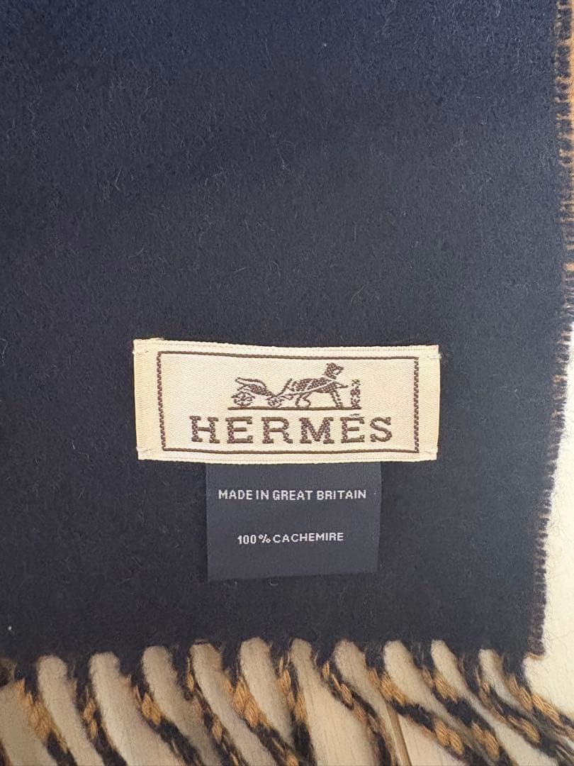 HERMÉS 100%カシミヤ マフラー キャメル/ネイビー