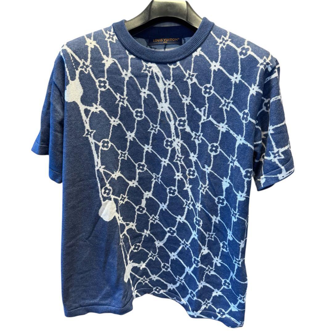 LOUIS VUITTON ヴィトン 網目柄 半袖ニットTシャツ ネイビー M