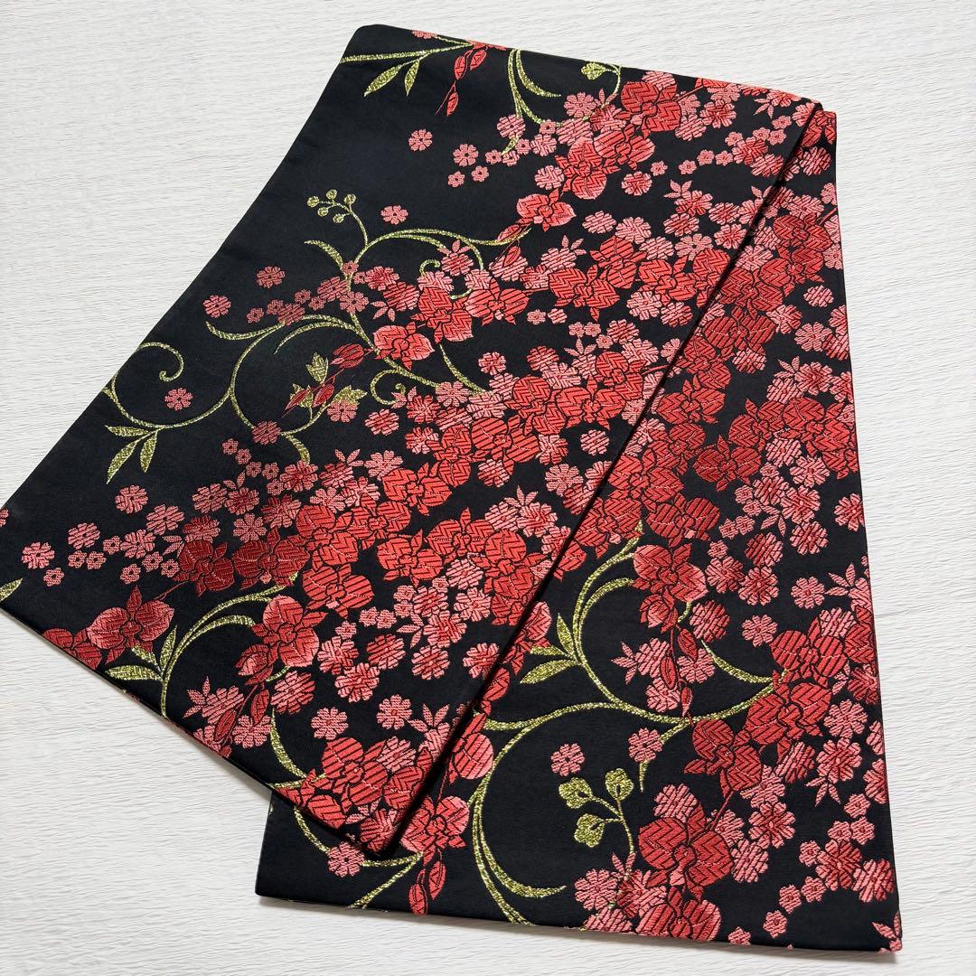 D33＋m-59 胡蝶蘭 今井織物 振袖 正絹 袋帯 六通 未使用 黒地