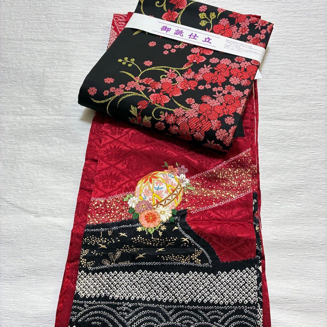D33＋m-59 胡蝶蘭 今井織物 振袖 正絹 袋帯 六通 未使用 黒地