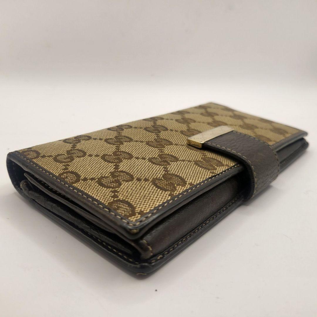 GUCCI GGキャンバス 長財布 ブラウン レザー 金具付き 定番人気