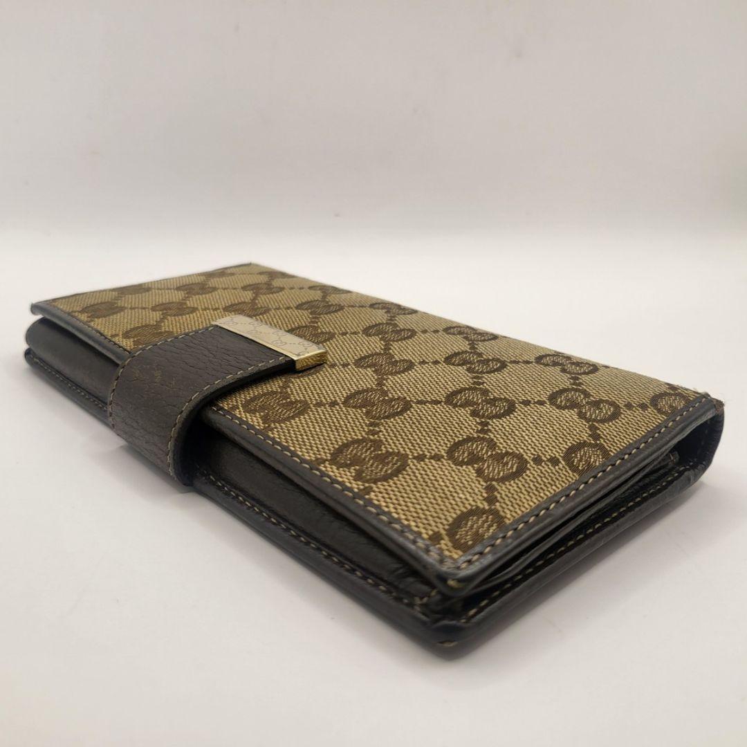 GUCCI GGキャンバス 長財布 ブラウン レザー 金具付き 定番人気