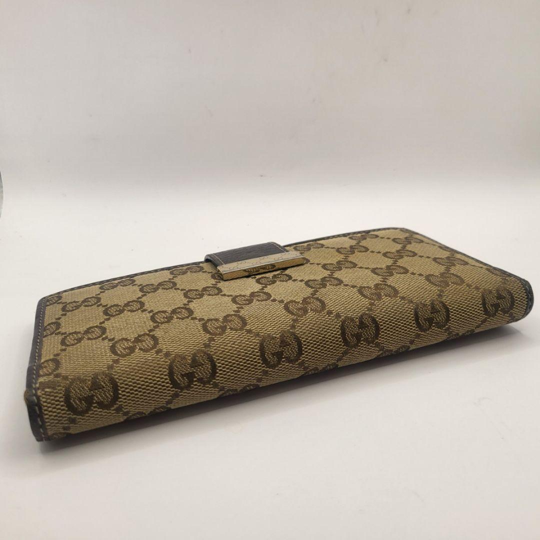 GUCCI GGキャンバス 長財布 ブラウン レザー 金具付き 定番人気