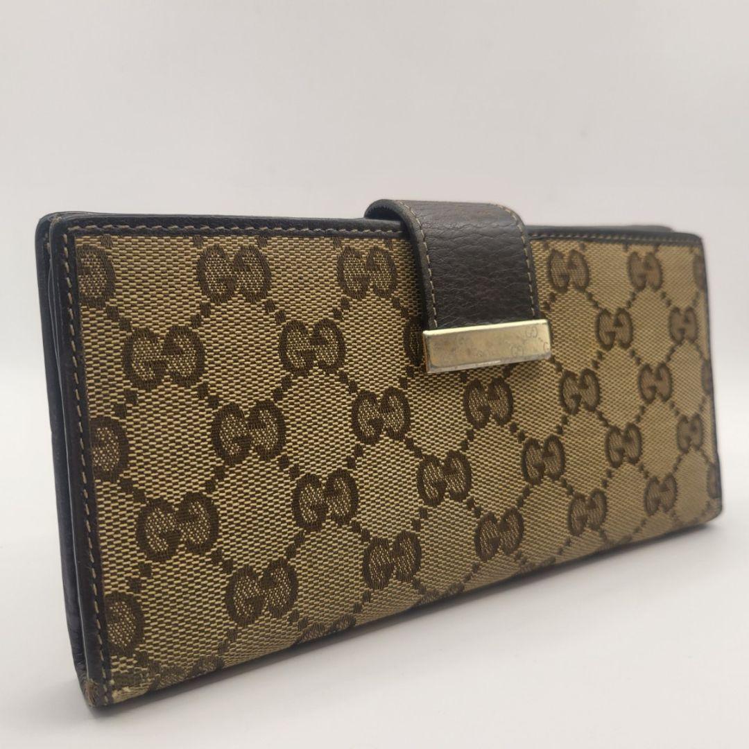 GUCCI GGキャンバス 長財布 ブラウン レザー 金具付き 定番人気