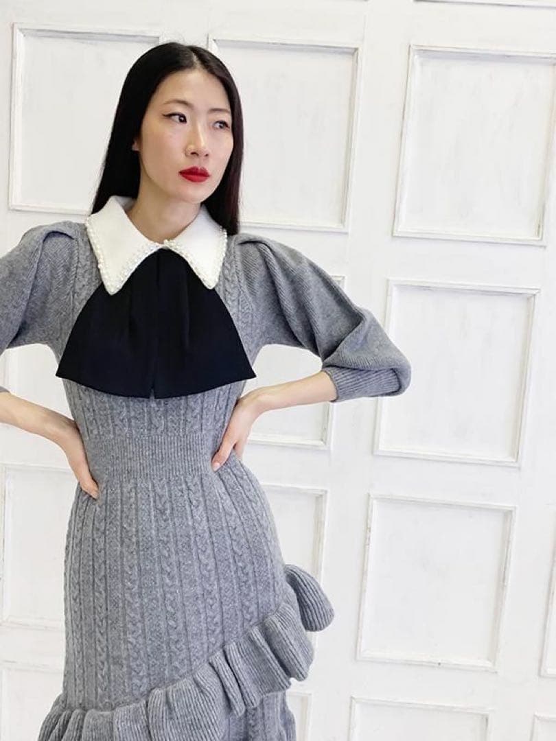 アドニシス Aadonisis リボンニットマーメイド ワンピース パール襟