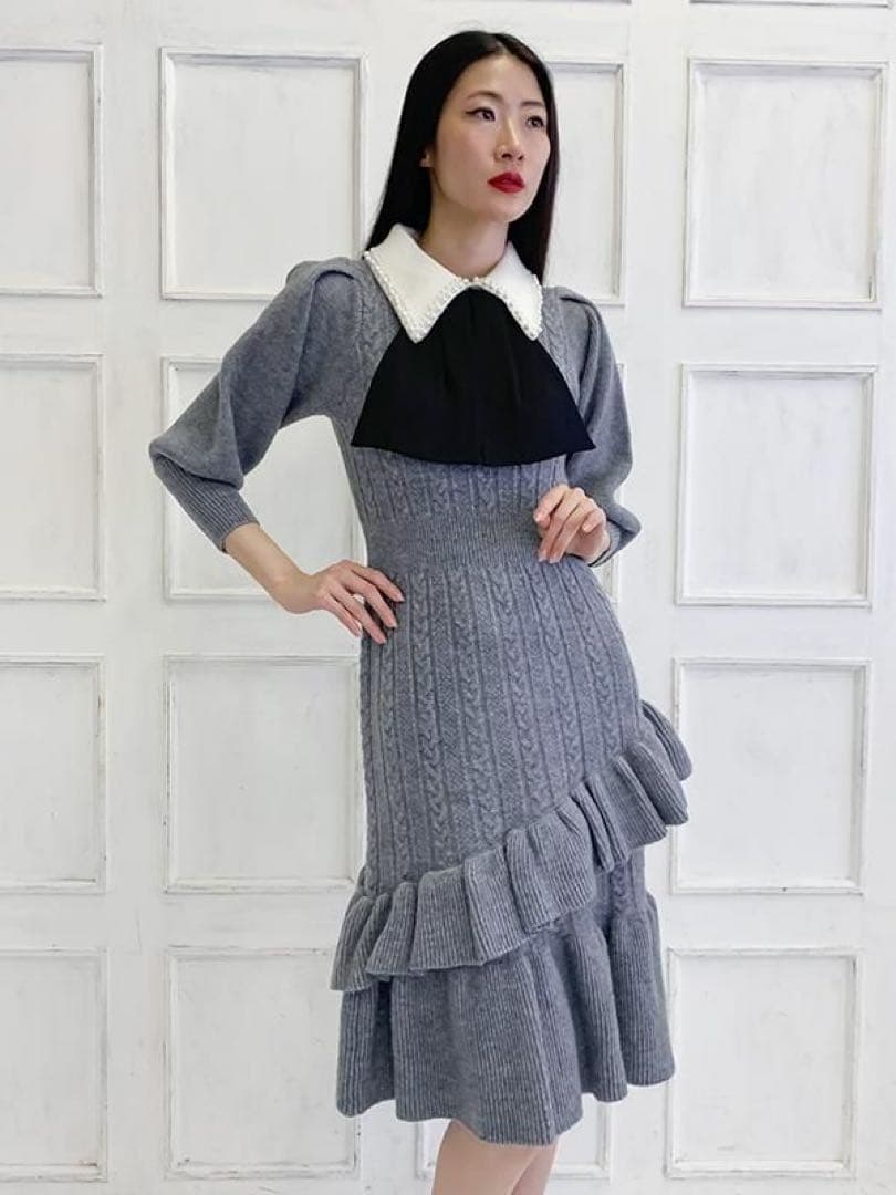 アドニシス Aadonisis リボンニットマーメイド ワンピース パール襟