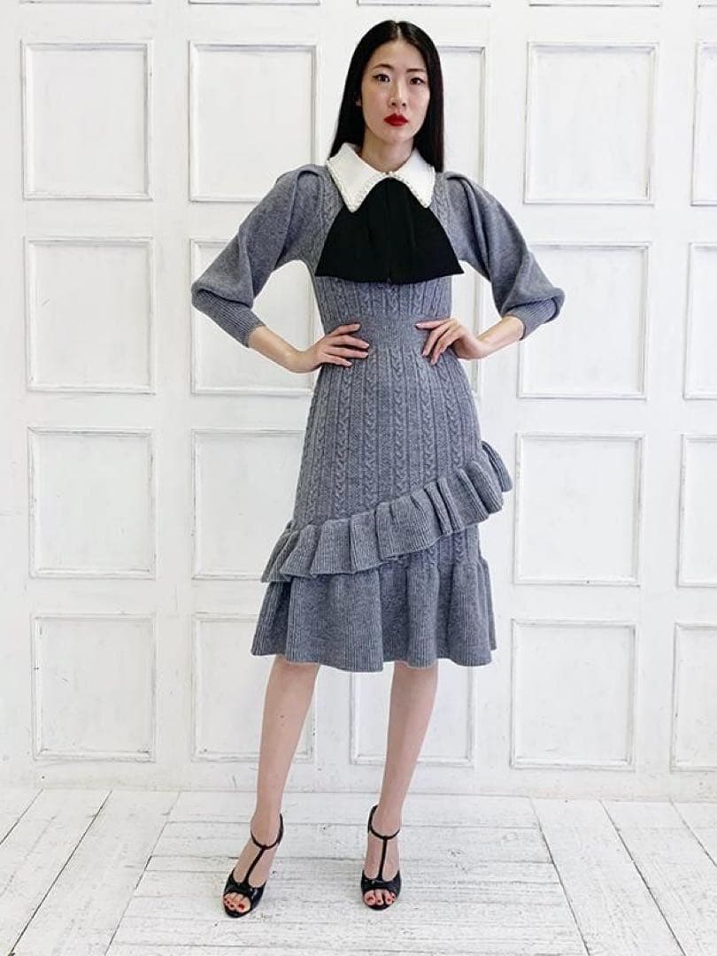 アドニシス Aadonisis リボンニットマーメイド ワンピース パール襟