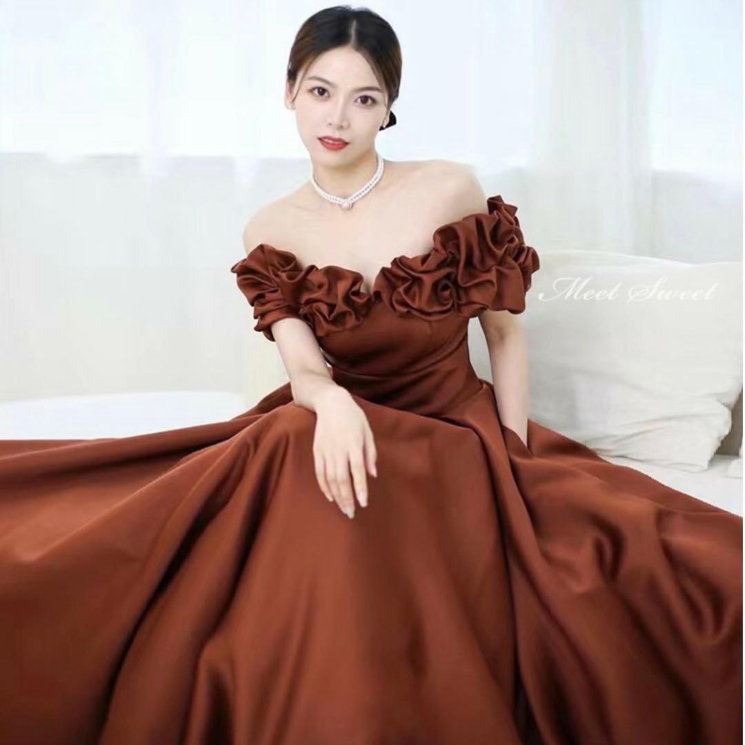 ダークレッド オフショルダー サテンドレス