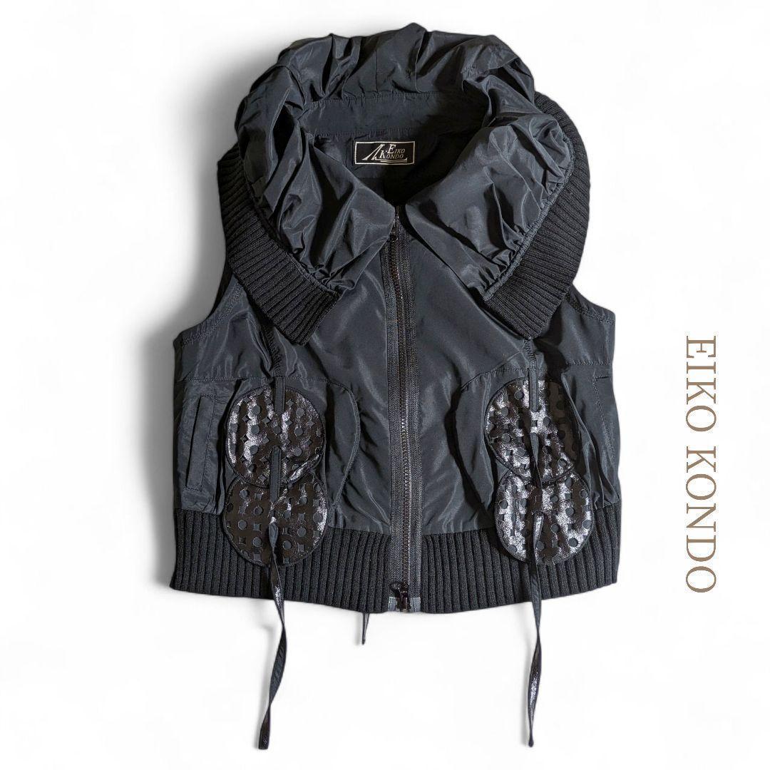 エイココンドウ／レザーパッチ ボリューム襟ショートジレ ベスト ブラック