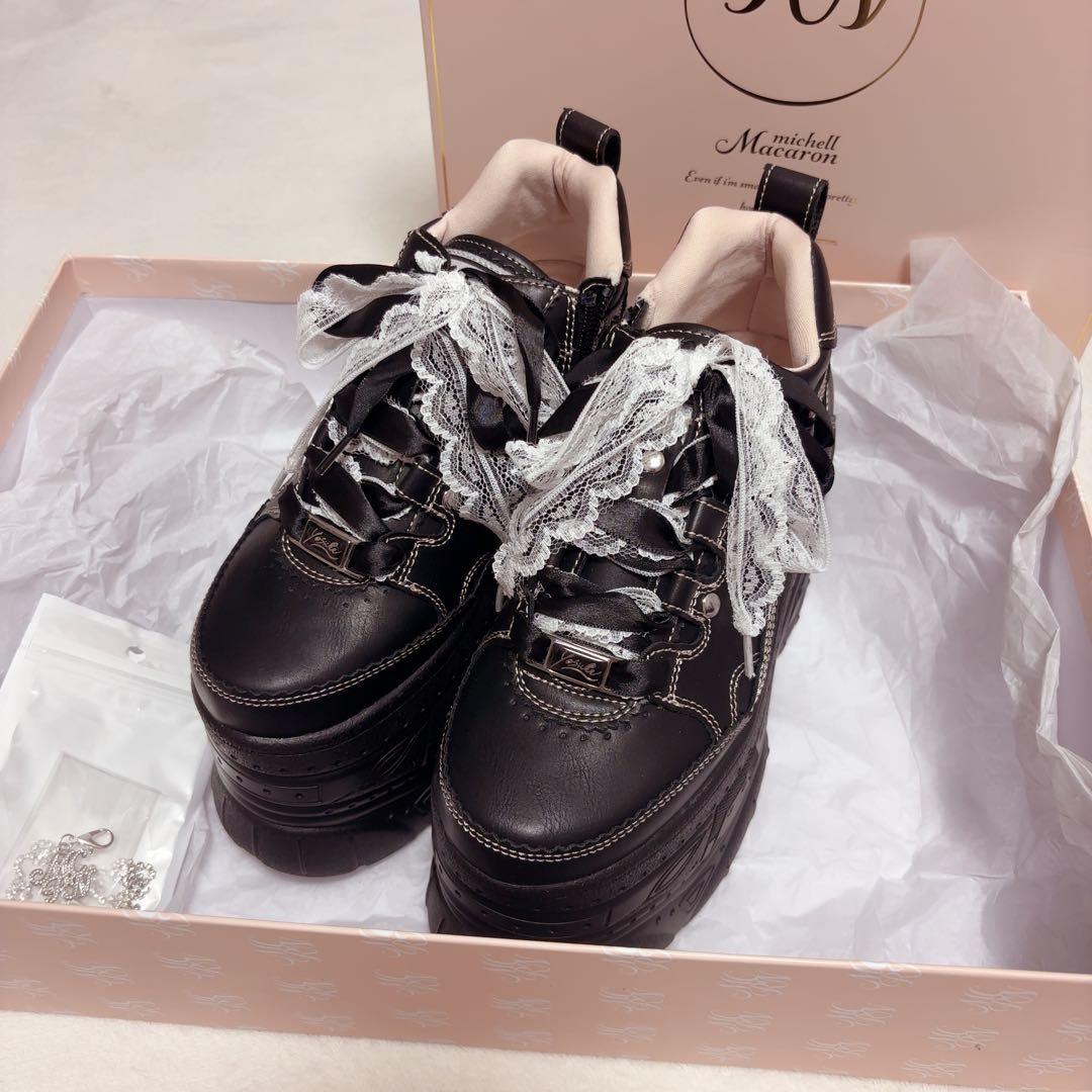 ミシェルマカロン YOSOKEビジューレース厚底スニーカー ブラック ヨースケ
