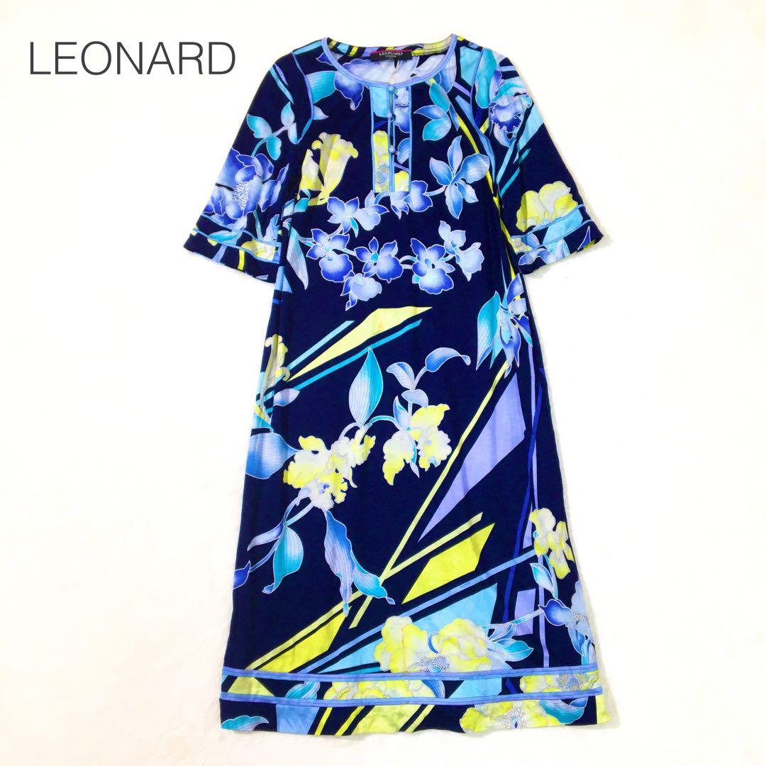 レオナール ロングワンピース【L】大きいサイズ 半袖 花柄 マキシ丈 綿100%