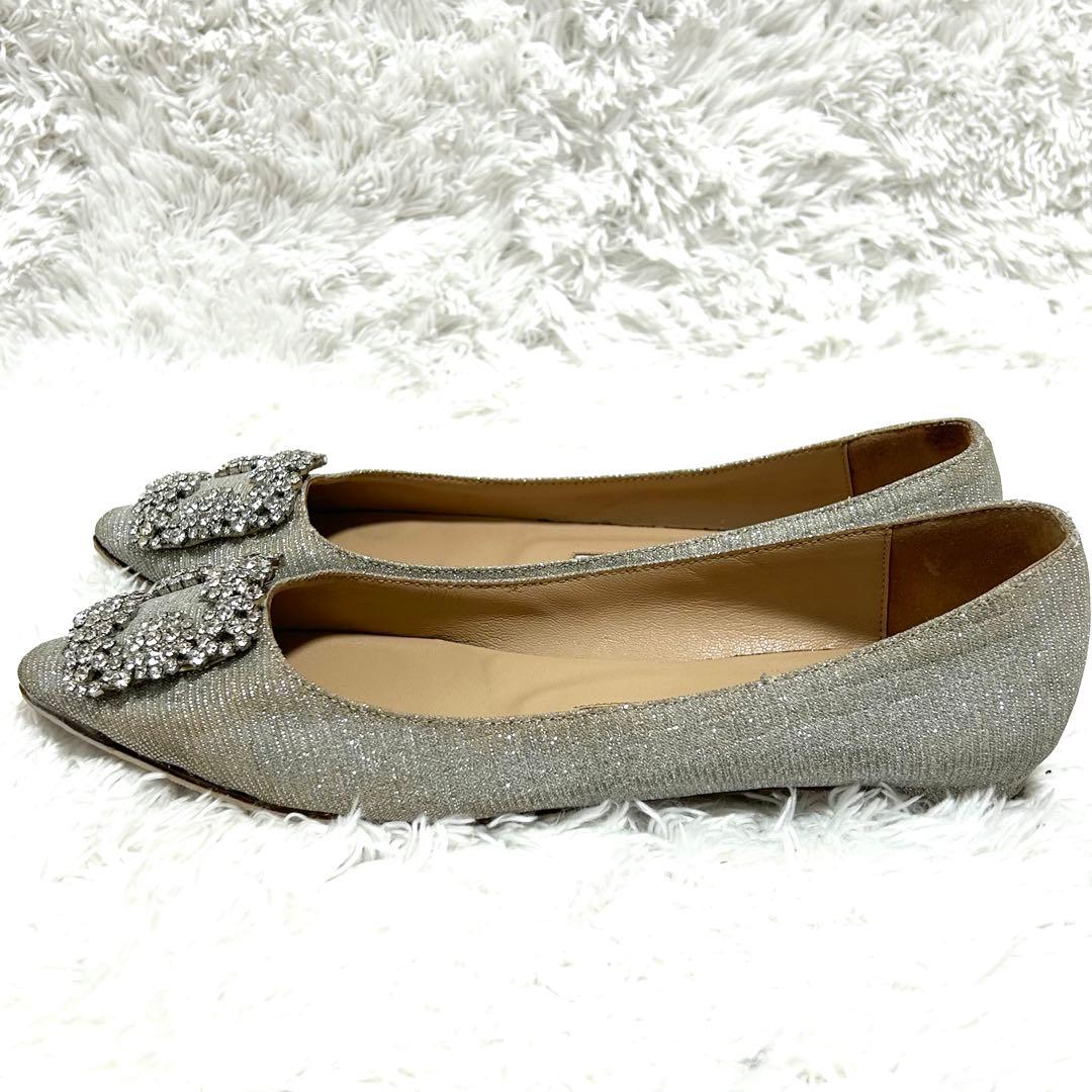 ✨正規品✨ マノロブラニク ハンギシ シルバー ビジュー グリッター フラット