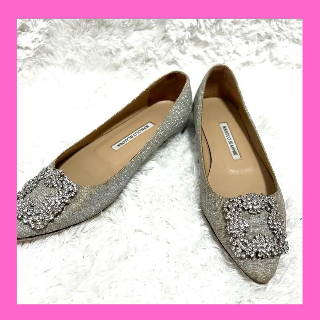 ✨正規品✨ マノロブラニク ハンギシ シルバー ビジュー グリッター フラット