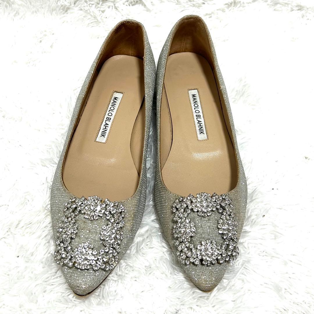 ✨正規品✨ マノロブラニク ハンギシ シルバー ビジュー グリッター フラット