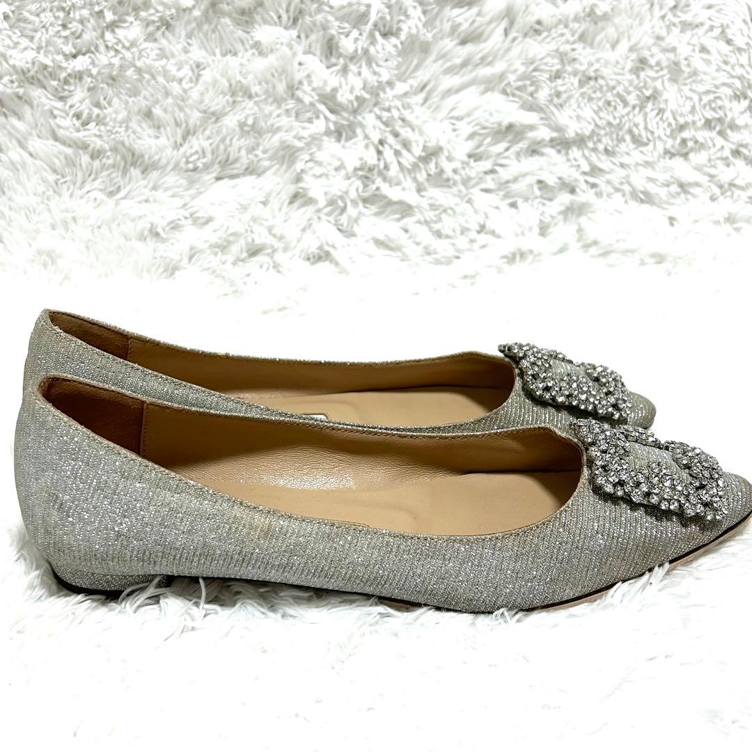 ✨正規品✨ マノロブラニク ハンギシ シルバー ビジュー グリッター フラット