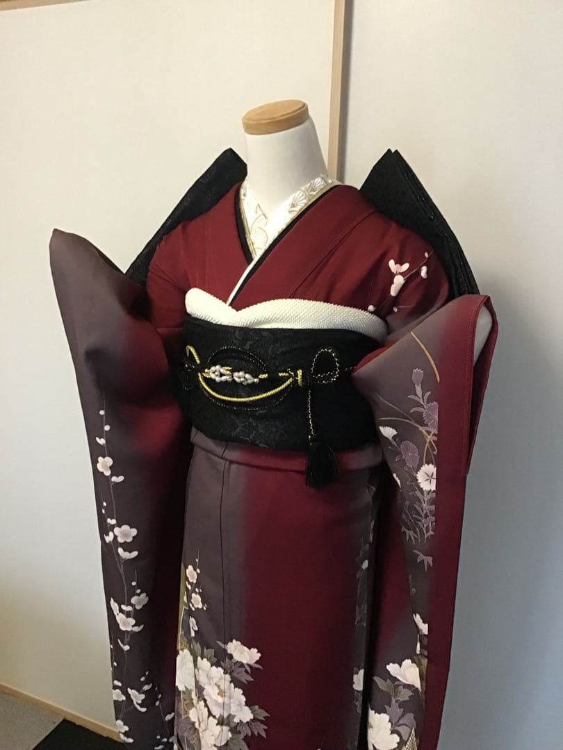 振袖セット　赤　エンジ　牡丹花　金彩　振袖6点セット　正絹　成人式　卒業式