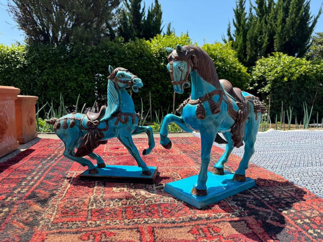 イタリア製 ターコイズブルー 陶器 馬 置物 ペア 地中海インテリア