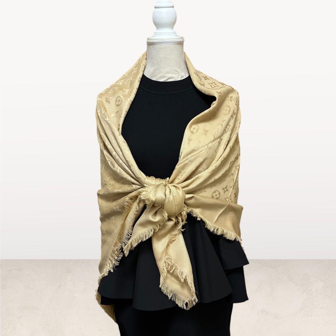 箱付き/美品✨ルイヴィトン 大判 ストール モノグラム シルク60% ベージュ