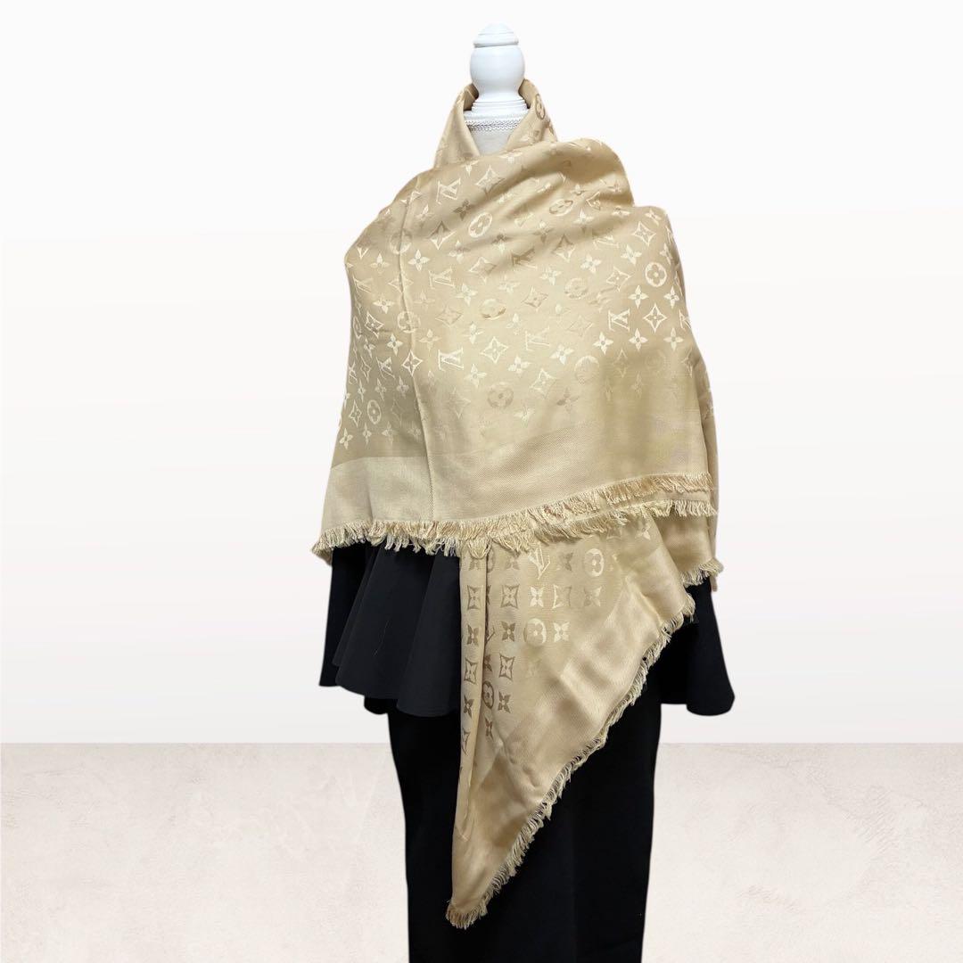箱付き/美品✨ルイヴィトン 大判 ストール モノグラム シルク60% ベージュ