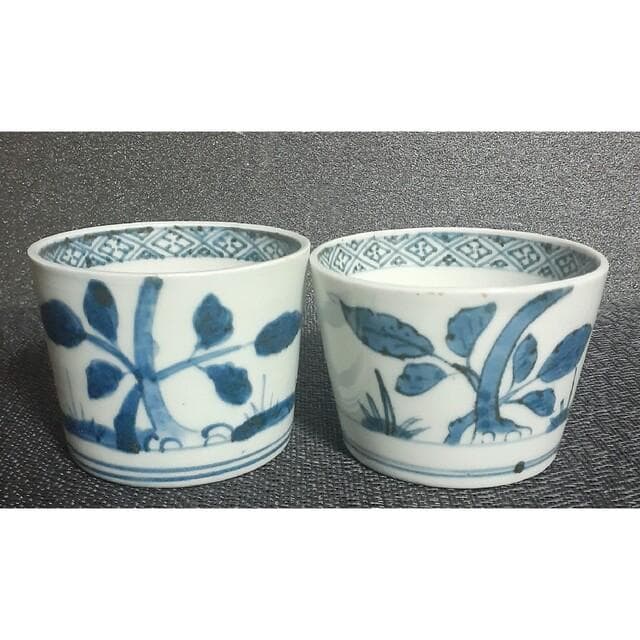 江戸時代中期～後期　古伊万里　染付　木と葉の図　そば猪口　ぐい呑酒杯酒器　2客