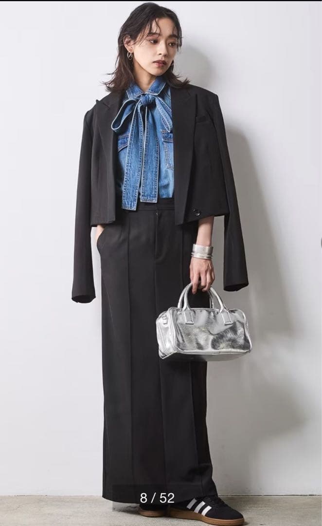 綿100％ライトオンスデニムリボンタイ付シャツ