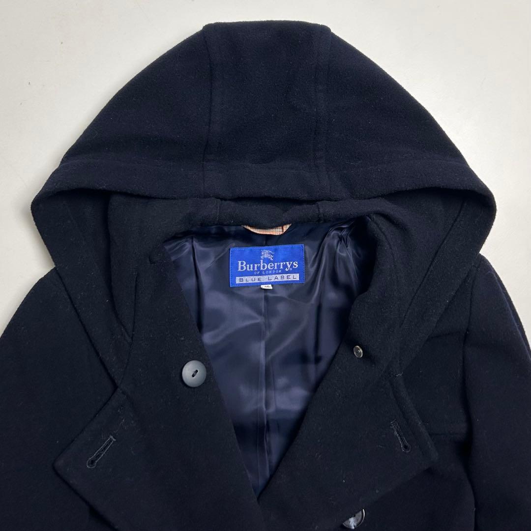 90s【美品】バーバリーズ/ダブルボタンフーデッドロングコート/ネイビー/40号