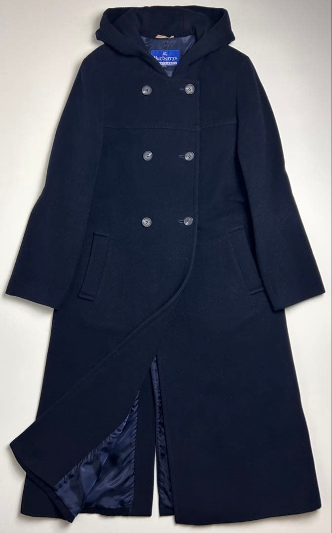 90s【美品】バーバリーズ/ダブルボタンフーデッドロングコート/ネイビー/40号