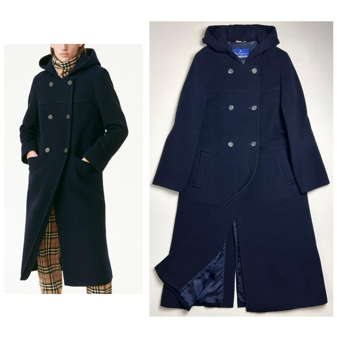 90s【美品】バーバリーズ/ダブルボタンフーデッドロングコート/ネイビー/40号