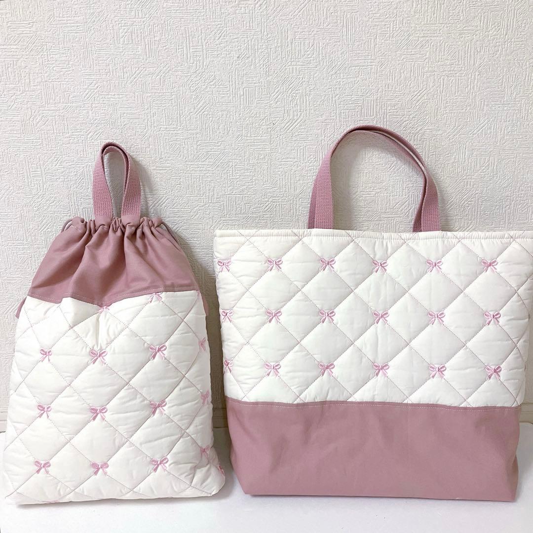 レッスンバッグ 体操服袋　リボンキルト