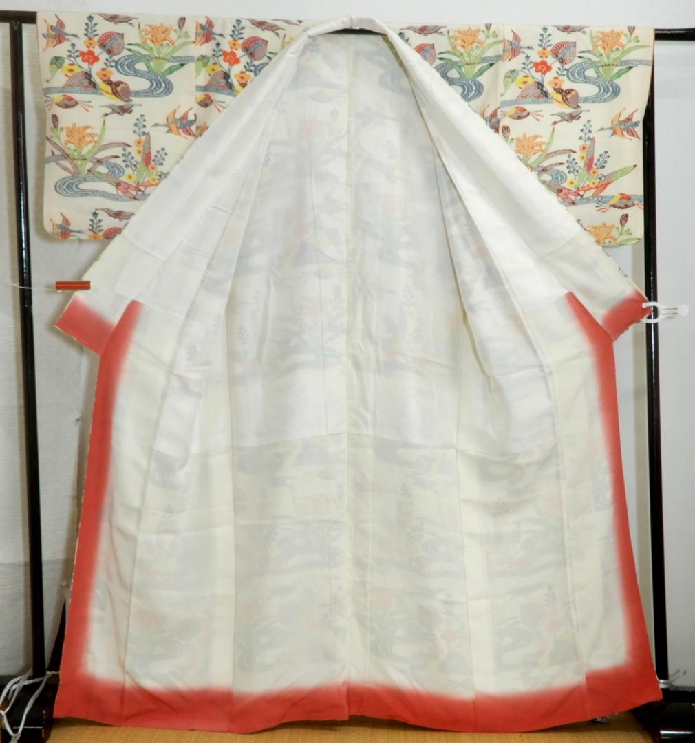 正絹・紅型染め小紋袷着物・顔料・手刷し・流水・貝・鳥・お花