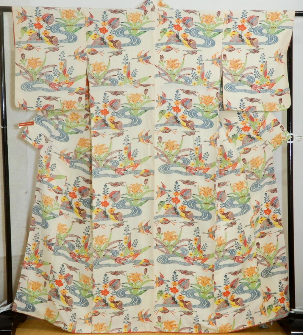 正絹・紅型染め小紋袷着物・顔料・手刷し・流水・貝・鳥・お花