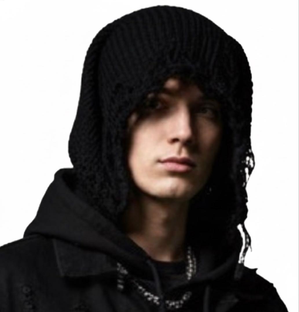 入手困難 ダメージ加工 黒 編み込み ロングビーニー