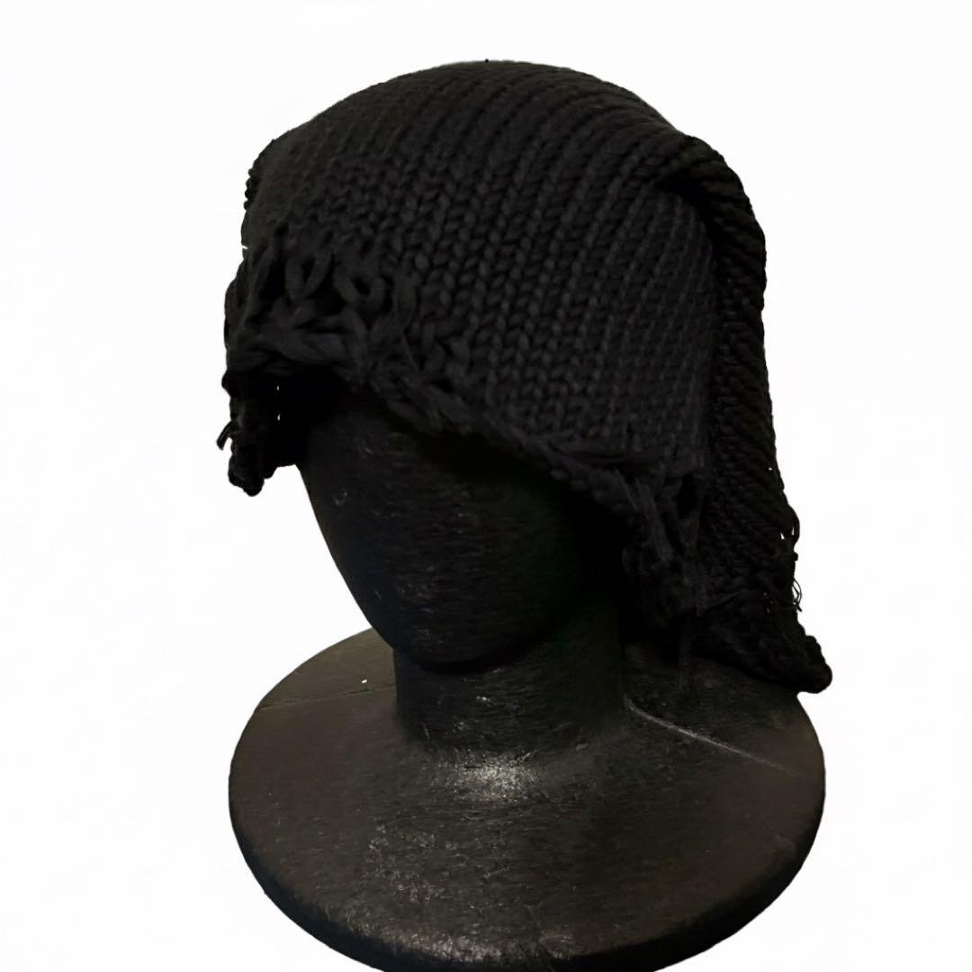 入手困難 ダメージ加工 黒 編み込み ロングビーニー