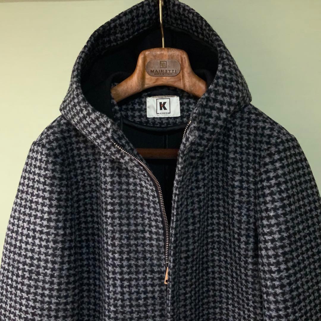 KIREDキーレッド フーデッドコート 伊製ハウンドトゥース グレーブラック