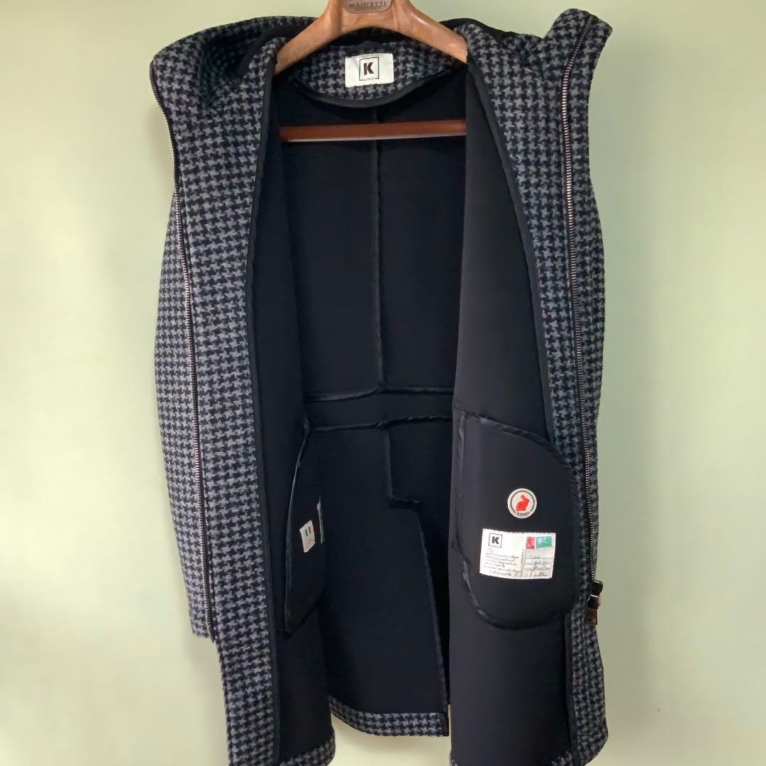 KIREDキーレッド フーデッドコート 伊製ハウンドトゥース グレーブラック