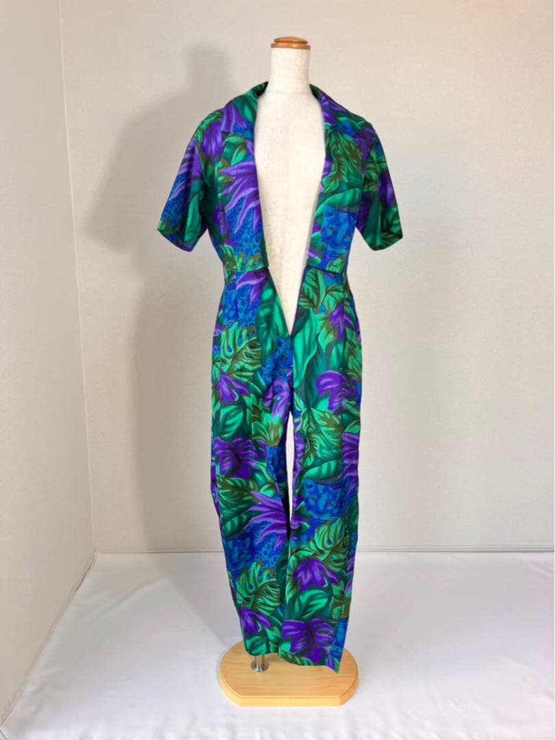 80s USA製 ボタニカル柄 ヒョウ柄 半袖 サロペットパンツ Y630