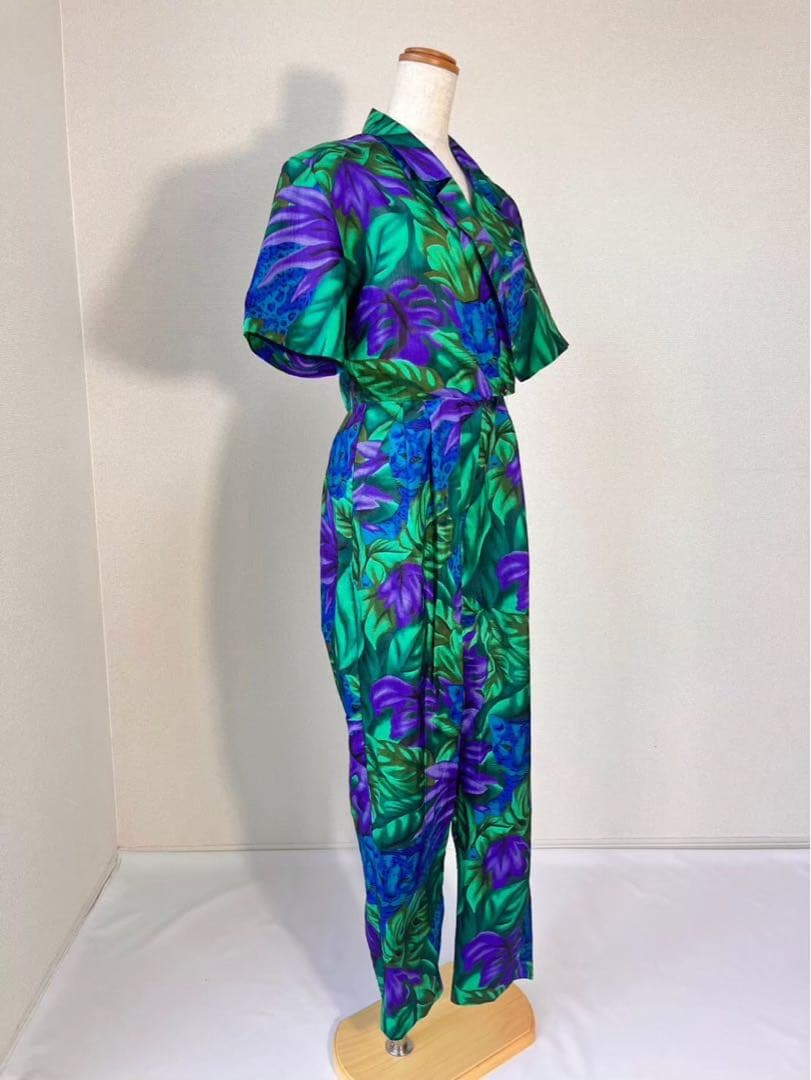 80s USA製 ボタニカル柄 ヒョウ柄 半袖 サロペットパンツ Y630