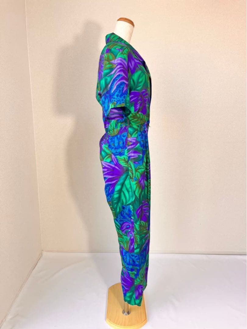 80s USA製 ボタニカル柄 ヒョウ柄 半袖 サロペットパンツ Y630