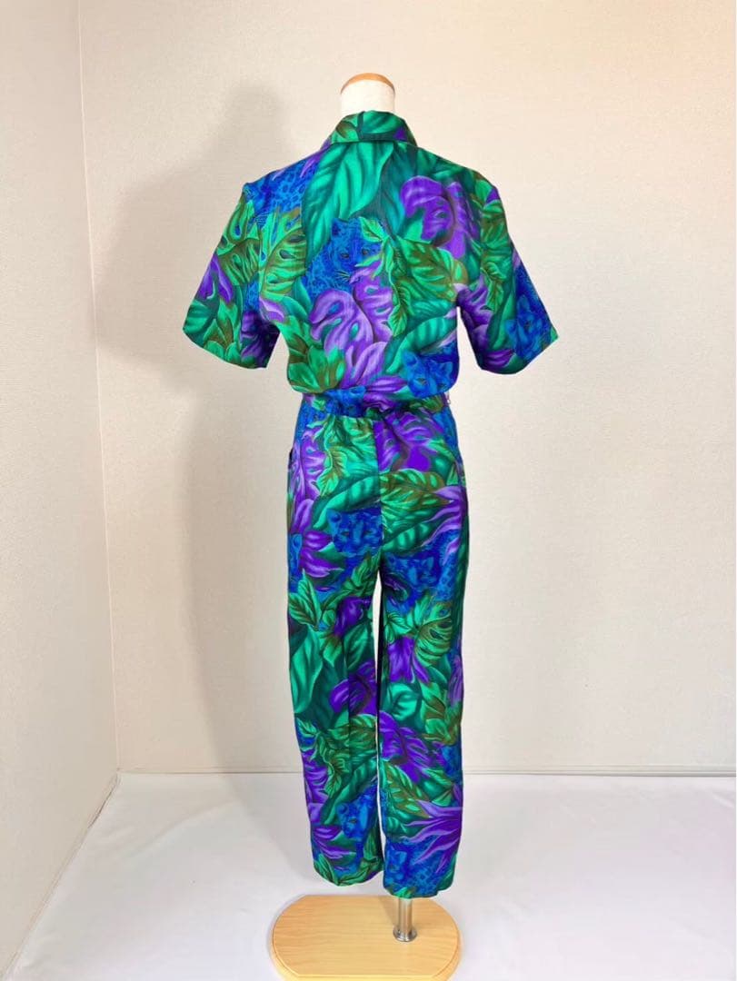 80s USA製 ボタニカル柄 ヒョウ柄 半袖 サロペットパンツ Y630