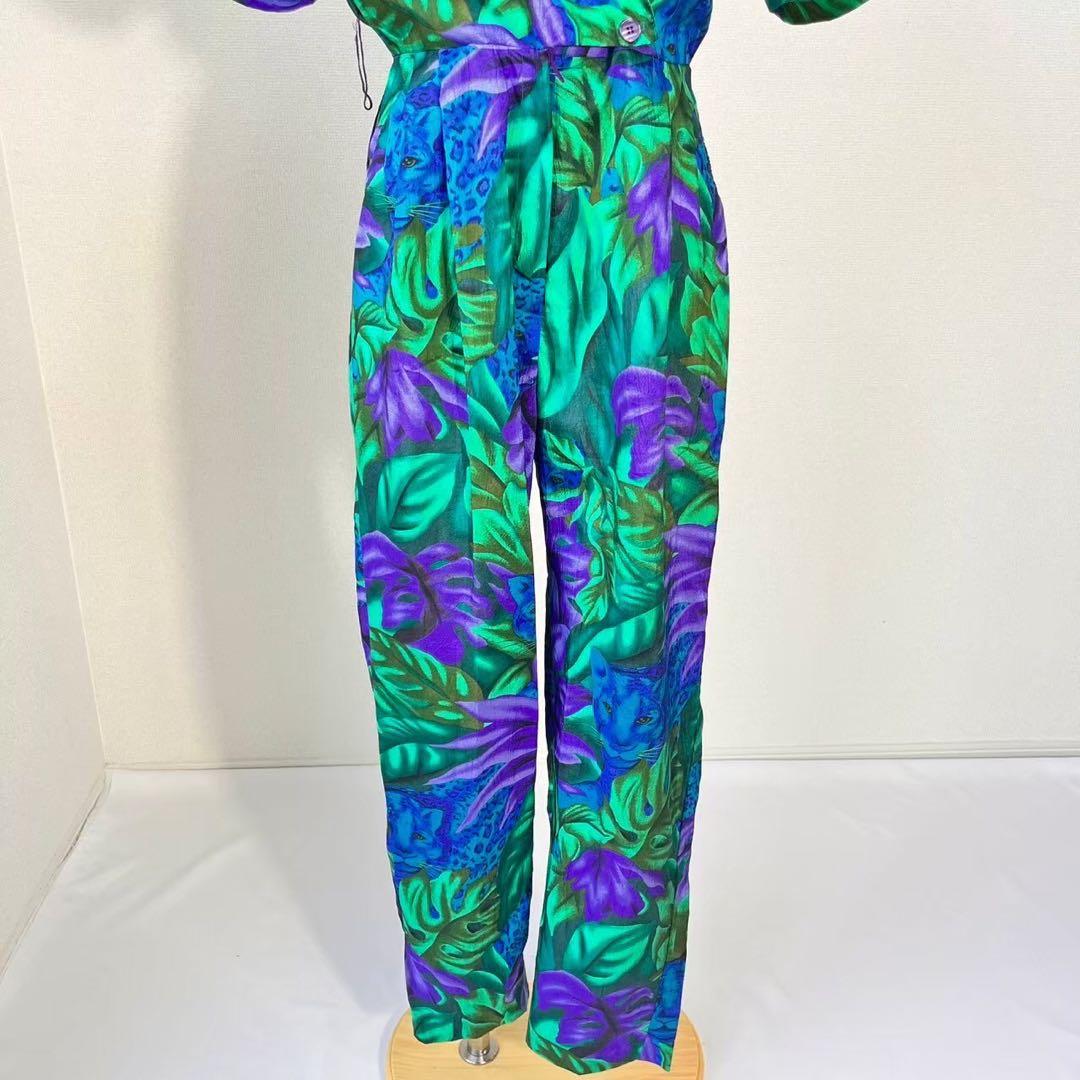80s USA製 ボタニカル柄 ヒョウ柄 半袖 サロペットパンツ Y630