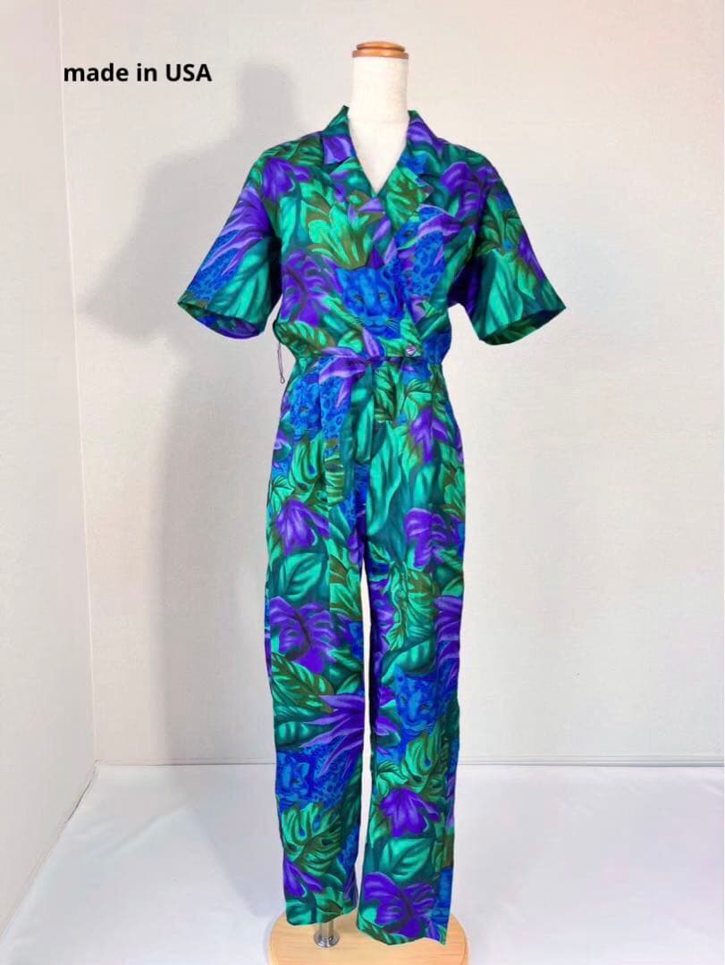 80s USA製 ボタニカル柄 ヒョウ柄 半袖 サロペットパンツ Y630