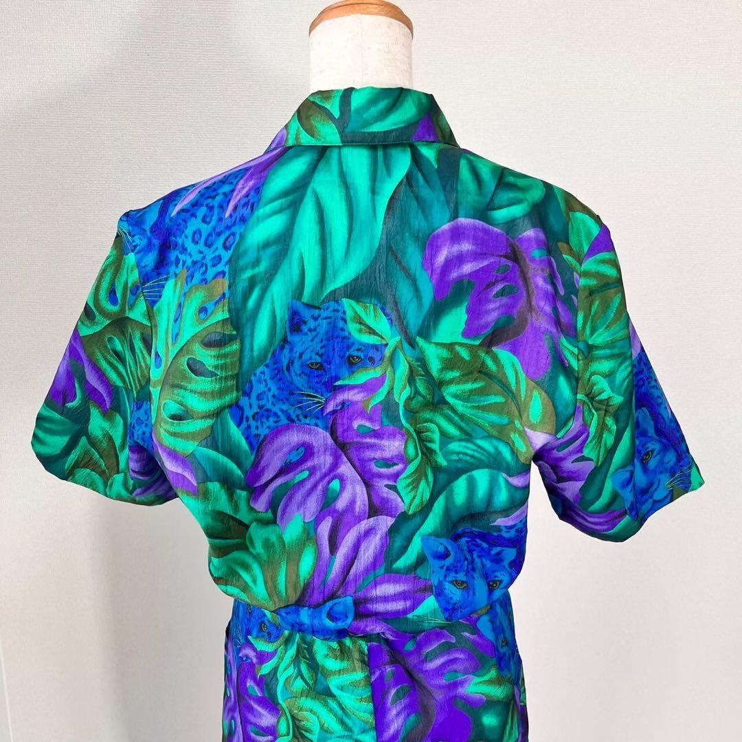 80s USA製 ボタニカル柄 ヒョウ柄 半袖 サロペットパンツ Y630