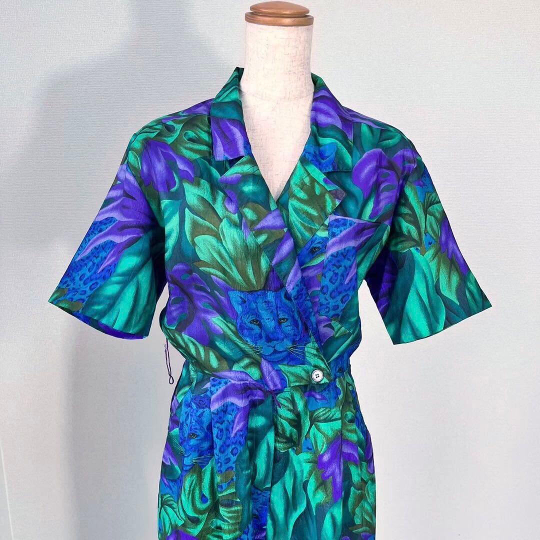 80s USA製 ボタニカル柄 ヒョウ柄 半袖 サロペットパンツ Y630