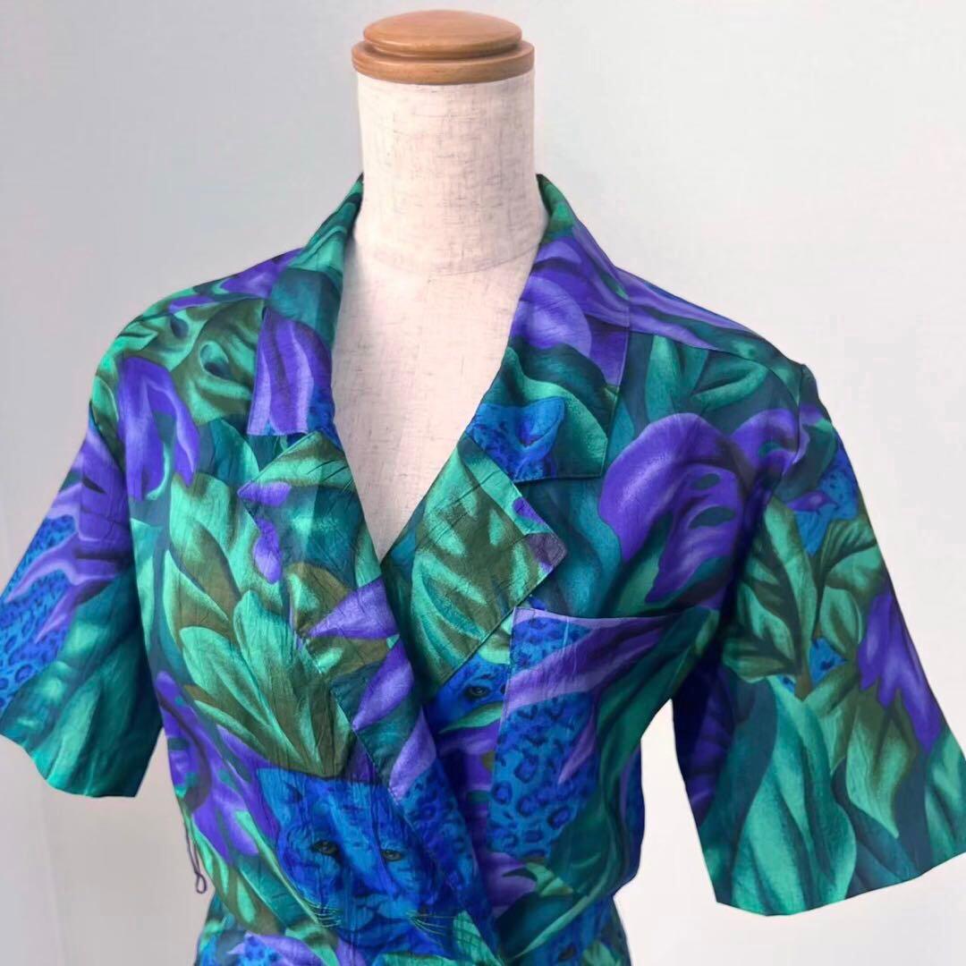 80s USA製 ボタニカル柄 ヒョウ柄 半袖 サロペットパンツ Y630