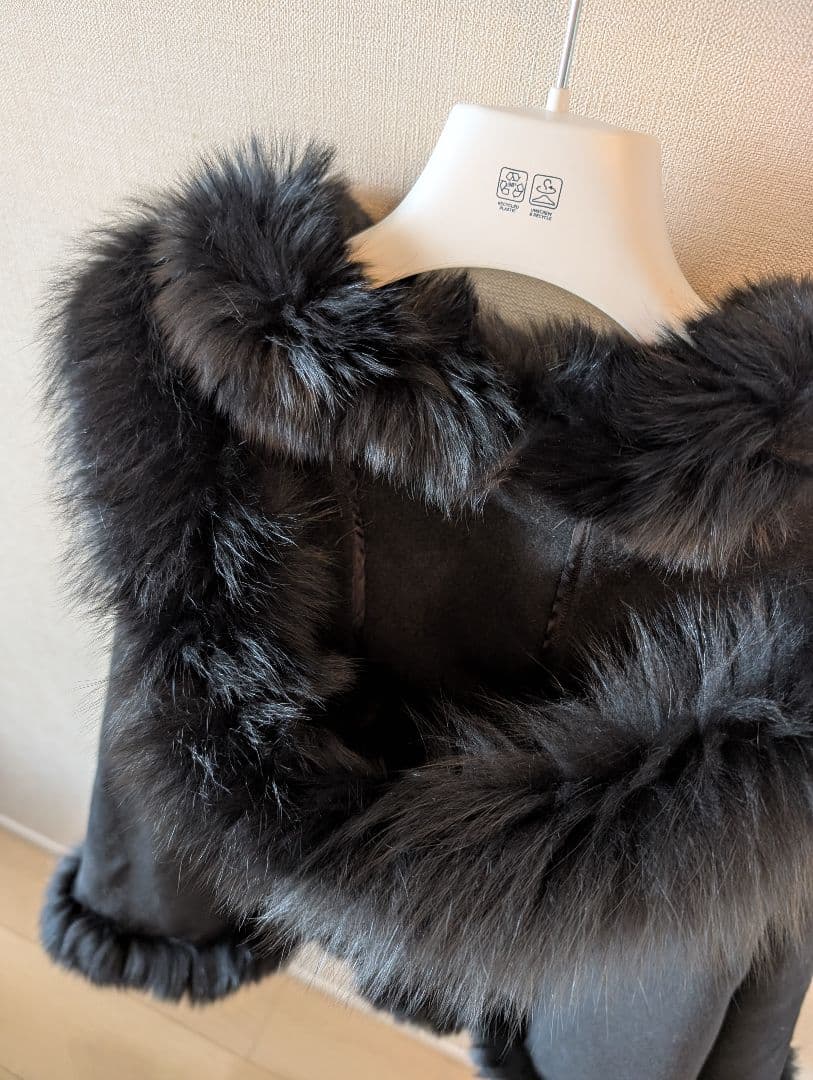 カシミヤ50% リアルフォックスファー フード付ケープ 黒