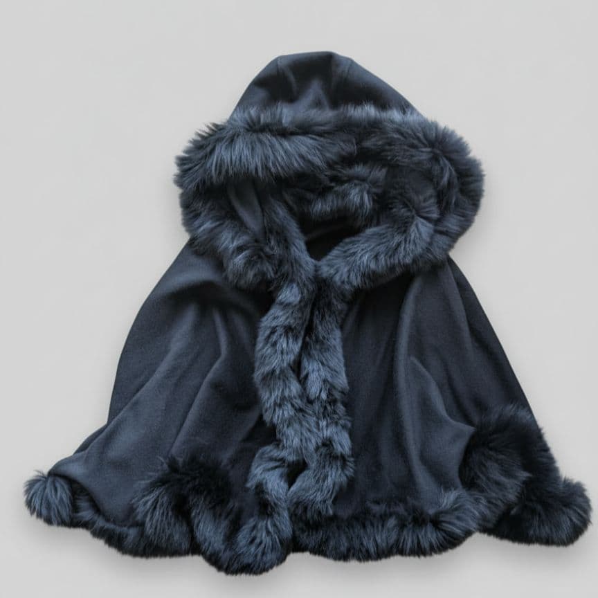 カシミヤ50% リアルフォックスファー フード付ケープ 黒