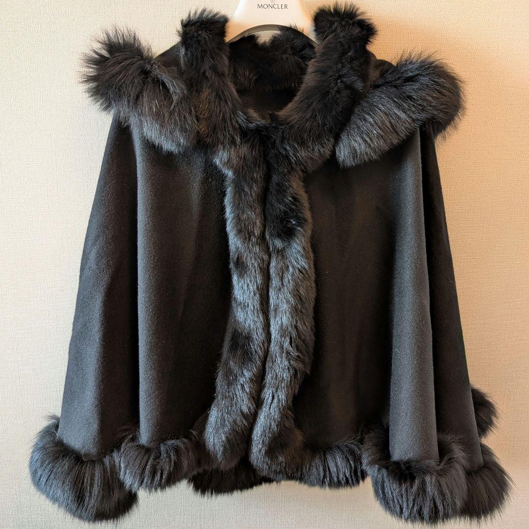 カシミヤ50% リアルフォックスファー フード付ケープ 黒