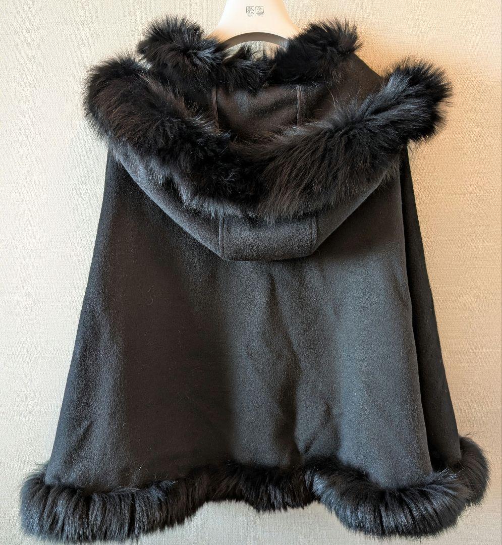 カシミヤ50% リアルフォックスファー フード付ケープ 黒