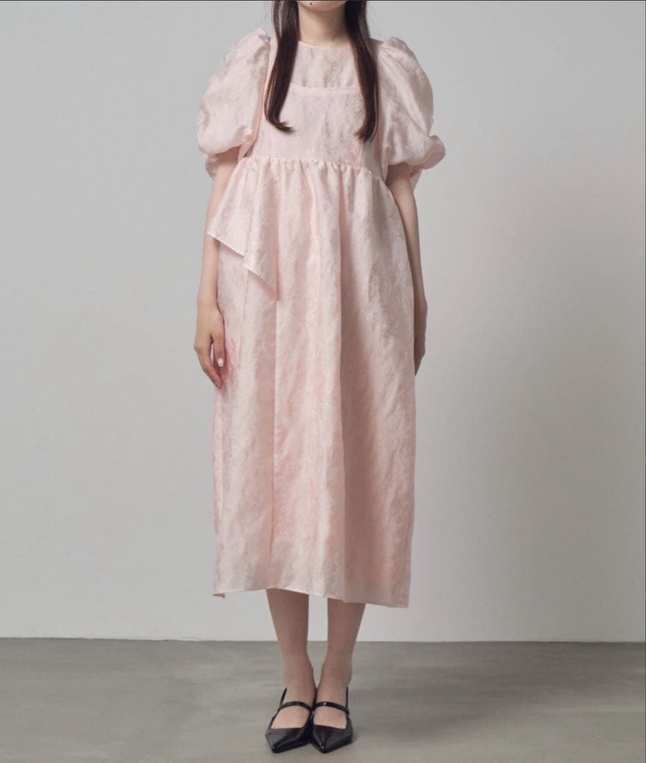 【ANDRESD】バブルスリーブジャガードドレス ピンク