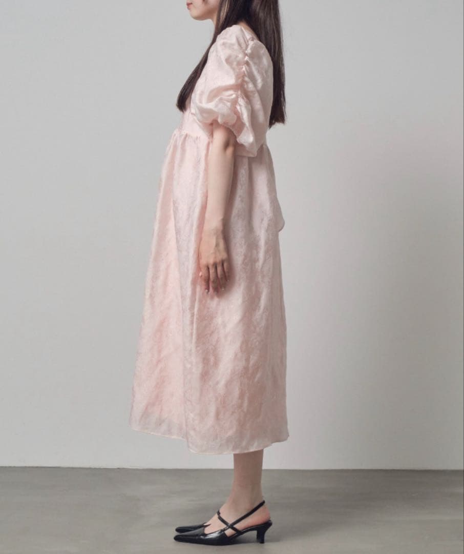 【ANDRESD】バブルスリーブジャガードドレス ピンク